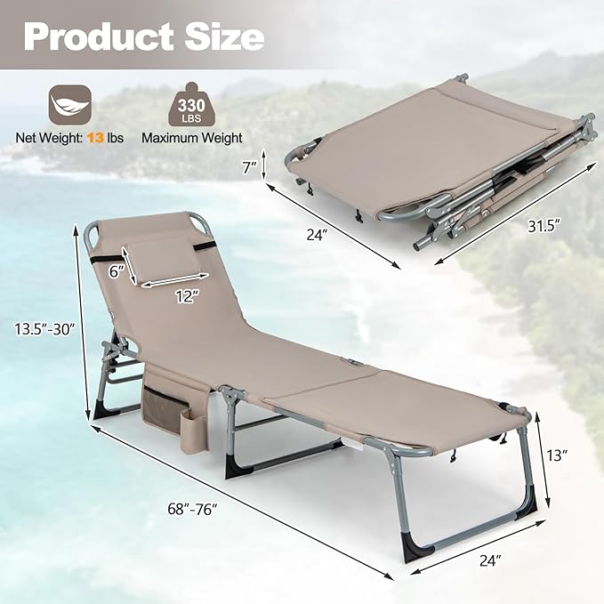 Tangkula Beach Lounge Chair, Outdoor Folding Tanning Chair with Face/Arm Hole, 2 Carry Handle, Pillow - Photo 3