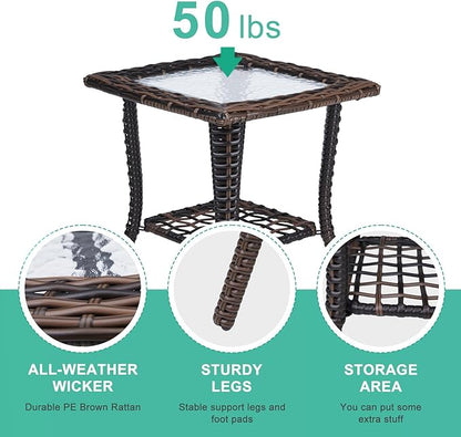 Outdoor Glass Side Table, End Table with Glass Top, Patio Coffee Bistro Table for Indoor Garden Porch Balcony (Brown, Square 18x18x23in)