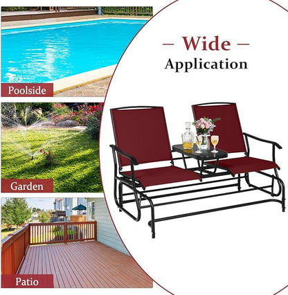Giantex Outdoor Glider, Rocking Chair with Metal Frame, Center Tempered Glass Table, 2-Person Loveseat, Patio Glider Bench, Outside Swing Chair for Garden Yard Lawn Porch Patio Rocker (Burgundy)