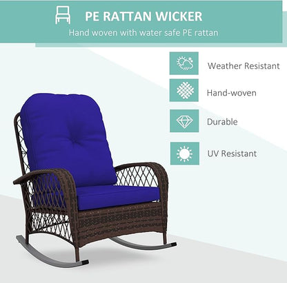 Outsunny Outdoor Wicker Rocking Chair with Wide Seat, Thickened Cushion, Rattan Rocker with Steel Frame for Patio, Garden, Backyard, Dark Blue