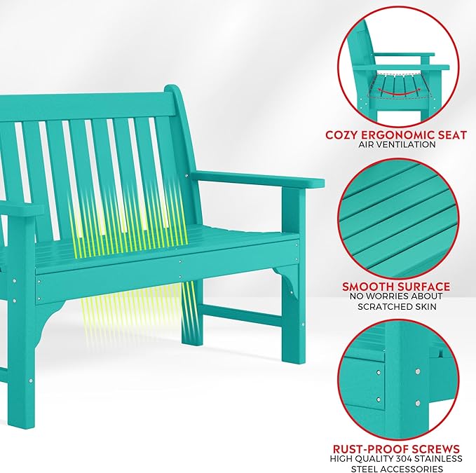 Costaelm Garden Bench, Farmhouse Park Front Porch for Entryway Bench Outdoor Seating Low Bench Patio Bench Outside/Indoor, Turquoise