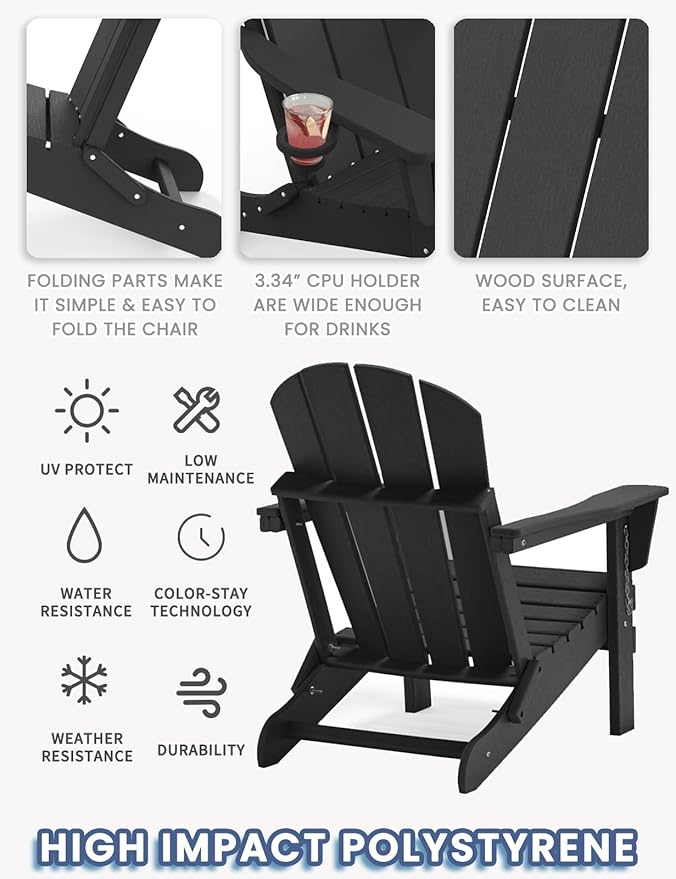 Adirondack Chair with Cup Holder Set of 4, Folding HDPE Patio Chairs, Outdoor Plastic Fire Pit Chair, Wood Texture, Lawn Chairs for Deck, Porch, Backyard, Garden, Black