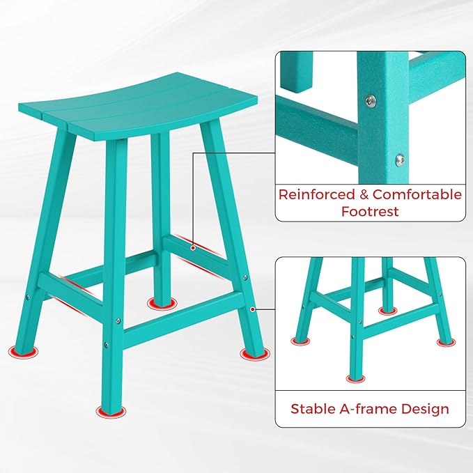 Costaelm All-Weather Bar Stools Set of 3, 24" Height Outdoor Bar Stools, Adirondack Poly Patio Bar Stool for Patio, Deck, Kitchen Counter and Garden, Turquoise