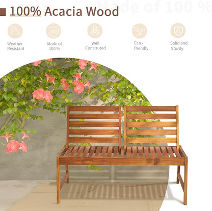 Outdoor Wooden Garden Bench, 2-Person Acacia Wood Loveseat with Adjustable Backrest, 600lbs Capacity, Patio Park Bench for Backyard Deck, Front Porch Bench