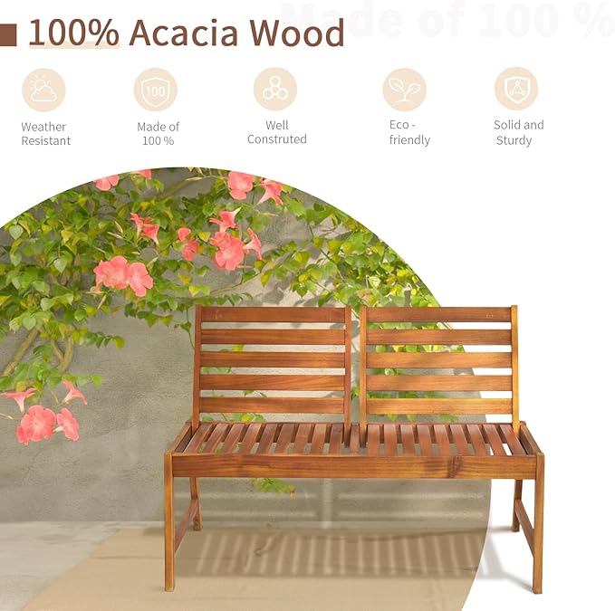 Outdoor Wooden Garden Bench, Patio Furniture Acacia Wood Outdoor Loveseat with Adjustable Backrest, Weather Proof 2-Person Outdoor Chair for Park, Porch, Pool, Backyard