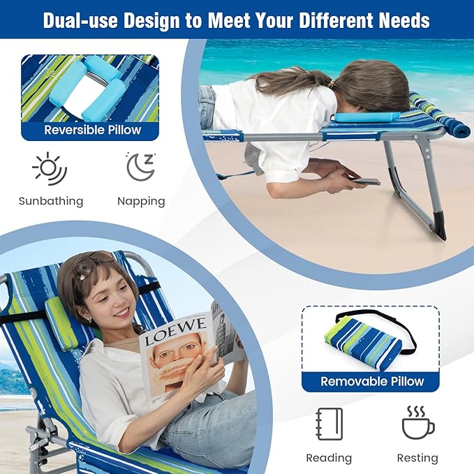 Giantex Tanning Chair, 330Lbs Patio Lounge Chair with 5 Adjustable Position, Face & Arm Hole, Hand/Shoulder Strap, Removable Pillow, Side Pocket, Chaise Lounger for Beach Sunbathing Outdoor, Stripe