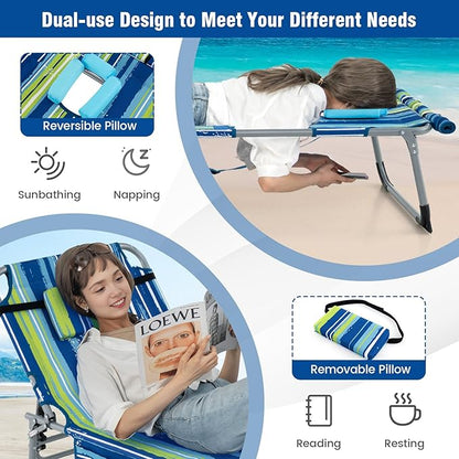 Giantex Tanning Chair, 330Lbs Patio Lounge Chair with 5 Adjustable Position, Face & Arm Hole, Hand/Shoulder Strap, Removable Pillow, Side Pocket, Chaise Lounger for Beach Sunbathing Outdoor, Stripe