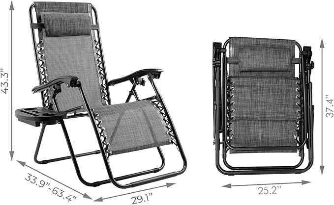 TLSUNNY Zero Gravity Chair Set of 2, Outdoor Folding Lounge W/Detachable Headrest & Holder Tray, Adjustable Textilene Lawn Reclining, No Assembly Required, for Patio, Garden, 330LBS (2, Grey)