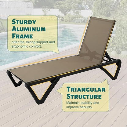 Domi Patio Lounge Chairs Set of 3, Aluminum Pool Chaise Lounge with Side Table,5 Position Adjustable Backrest and Wheels, Lounge Chairs for Pool, Garden, Beach, Backyard, Khaki