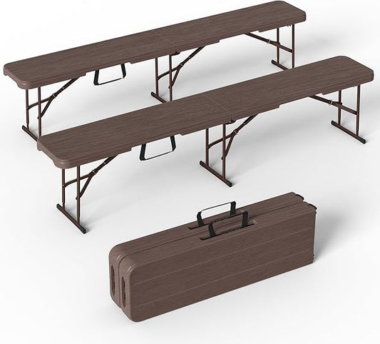 6 Foot Folding Bench, Portable Plastic Folding Bench Seat, Foldable Seat for Indoor Outdoor Picnic Camping Dining, Soccer Garden Multipurpose Entertaining Activities, Brown, 2 Pack