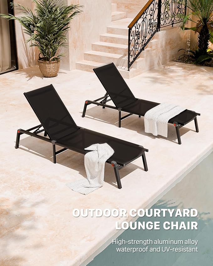 Aluminum Patio Chaise Lounge Chair Set of 2 with Side Table,5-Position Adjustable Backrest,Foldable Lounge Chair Outdoor,Pool Lounge Chairs for Poolside,Lawn,Deck,Beach (Black, 2 Pack+Table)