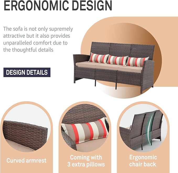 SUNSITT Outdoor Furniture 3 Seats Patio Couch, Outdoor Wicker Sofa, Brown PE Wicker with Beige Cushions & Lumbar - Photo 5