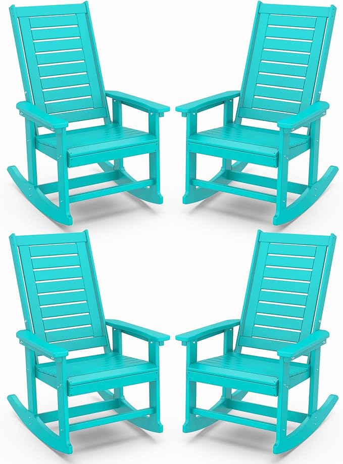 IVY&LANE Outdoor Rocking Chairs Set of 4 | Porch-Rockers | Aqua | HDPE Plastic | All-Weather | High Back | Wide Seat | Oversized Patio Rocker for Adult | for Outside Deck Balcony Garden