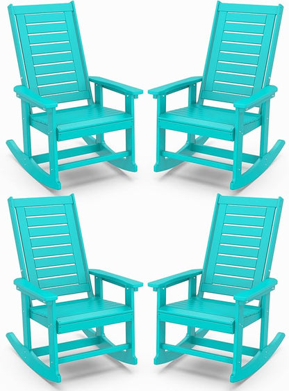 IVY&LANE Outdoor Rocking Chairs Set of 4 | Porch-Rockers | Aqua | HDPE Plastic | All-Weather | High Back | Wide Seat | Oversized Patio Rocker for Adult | for Outside Deck Balcony Garden