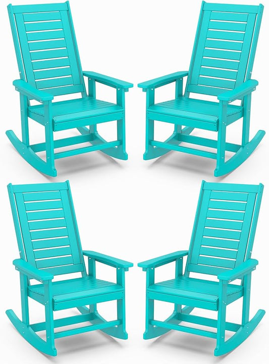 IVY&LANE Outdoor Rocking Chairs Set of 4 | Porch-Rockers | Aqua | HDPE Plastic | All-Weather | High Back | Wide Seat | Oversized Patio Rocker for Adult | for Outside Deck Balcony Garden