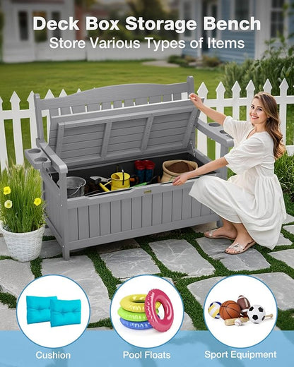 YEFU Outdoor Storage Bench for Patio: Heavy Duty Garden Bench Set of 2 with 96° High Backrest & Oversized Seating - HIPS Weatherproof Patio Bench with Storage for Porch Park Backyard, Grey