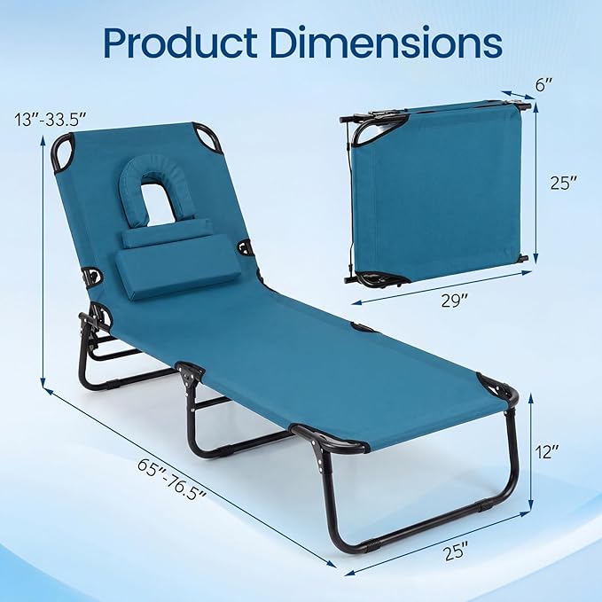Tangkula Beach Lounge Chair, Folding Sunbathing Recliner with Face Hole, Face Down Tanning Chair with 4-Level Adjustable Backrest & 3 Removable Pillows, Chaise Lounge Chair for Patio (1, Blue)