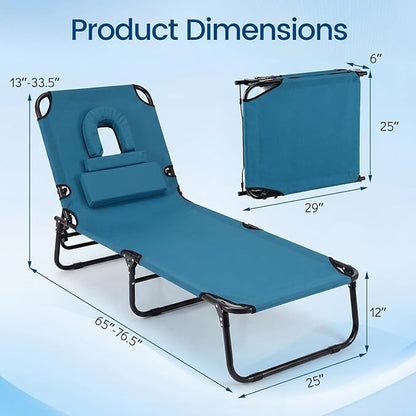 Goplus Tanning Chair, Folding Beach Lounge Chair with Face Hole, Removable Pillow, Carry Strap, Position Adjustable, Sunbathing Chair, Portable Outside Lounge Chair for Patio Pool