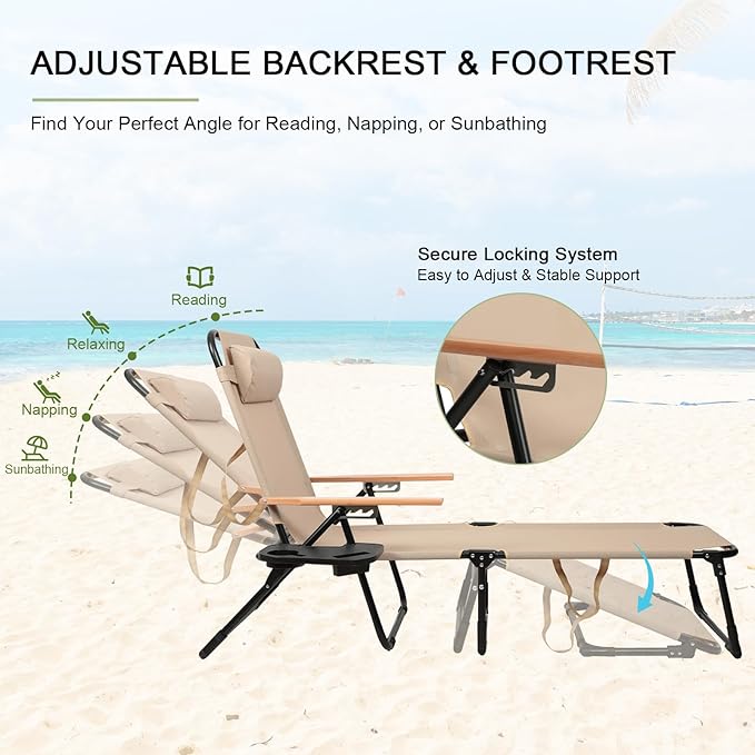 Folding Lounge Chairs for Outside, Beach Patio Lounge Chair with Canopy, Sunbathing/Tanning Chair with 4 Adjustable Backrest & Cup & Pillow,Holds 330 Lb, Outdoor Garden Pool