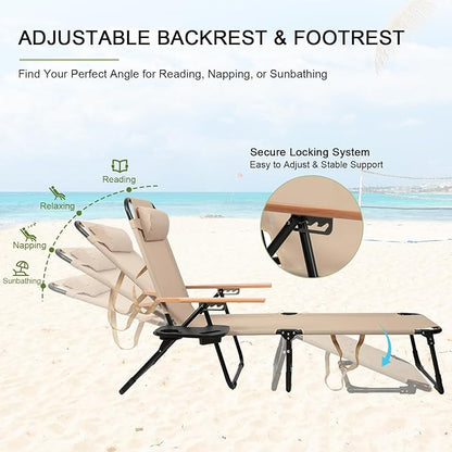 Folding Lounge Chairs for Outside, Beach Patio Lounge Chair with Canopy, Sunbathing/Tanning Chair with 4 Adjustable Backrest & Cup & Pillow,Holds 330 Lb, Outdoor Garden Pool