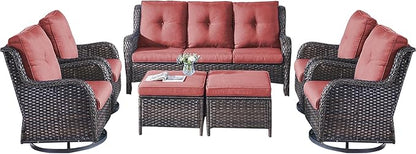 Rilyson Patio Furniture Swivel Chairs Set - 7 Piece Wicker Rattan Outdoor Sectional Conversation Sets with 4 Swivel Rocking Chairs,2 Ottomans and 1 Sofa for Porch Deck Garden(Brown/Red)