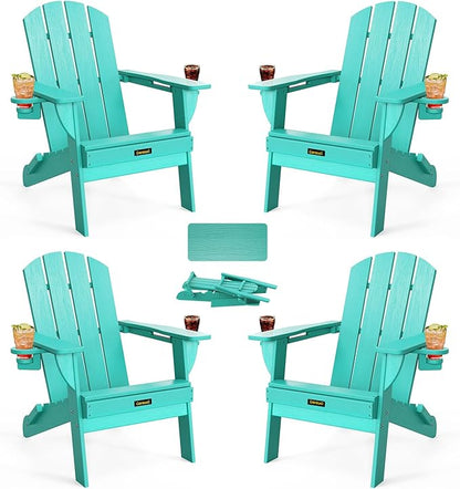 Folding Adirondack Chair Set of 4, Wooden Textured Plastic Adirondack Chairs with 2 Cup Holder, Weather Resistant HDPE Fire Pit Chair, Outdoor Patio Chairs for Garden, Backyard, Lawn, Deck, Lake Blue