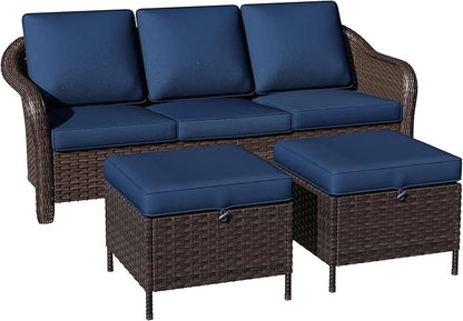 3 Piece Patio Wicker Conversation Set, All-Weather Use Outdoor Wicker Sofa with 2 PE Rattan Ottomans, Ideal for Porch, Backyard, Balcony, Poolside, Blue