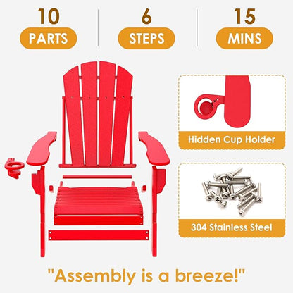 IVY&LANE Folding-Adirondack-Chairs-Set-of-2 | HDPE Plastic | Outdoor Fire Pit Chair with Cup Holder | Red | Poly | Weather Resistant | for Patio Deck Poolside Garden Beach