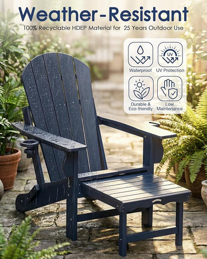 Folding Adirondack Chair with Ottoman, Recyclable HDPE Adirondack Patio Chair with 2 Cup Holder, Outdoor Fire Pit Chairs with Pull Out Footrest, Weather Resistant for Garden, Deck, Poolside, Navy Blue