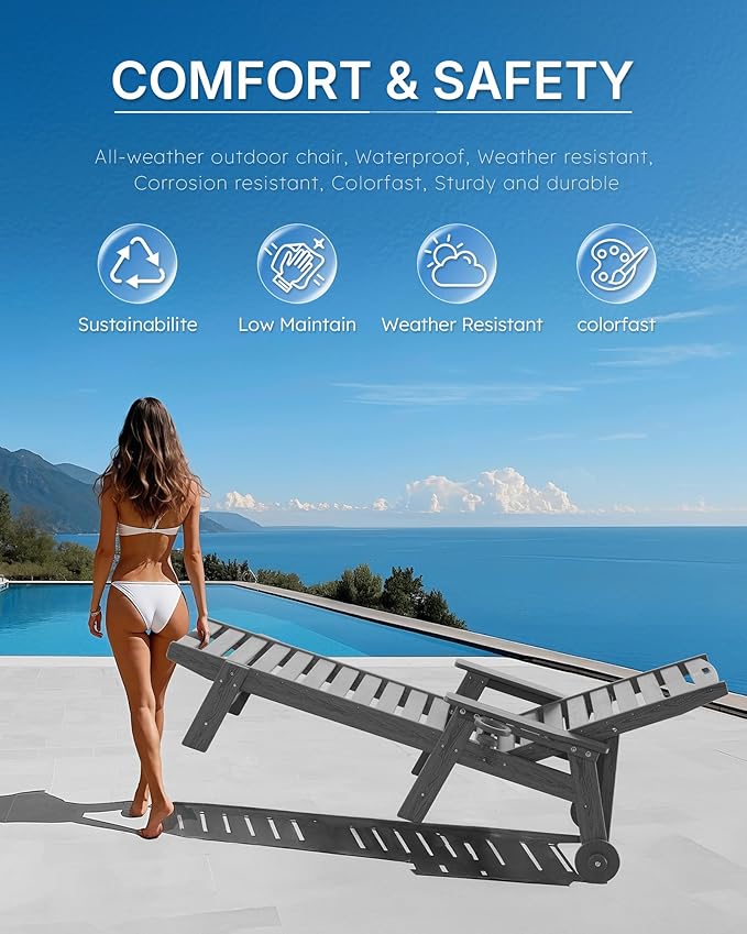 Chaise Lounge Chair Outdoor with Wheels, Oversize Patio Lounge Chairs with Wood Texture, 5-Position Plastic Lounge Chairs for Poolside, Patio, Deck, Beach