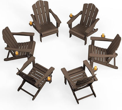 KINGYES Folding Adirondack Chair Set of 6, HDPE All-Weather Patio Chairs with Cup Holder, Wooden Textured Fire Pit Chairs for Poolside, Backyard, Deck, Coffee