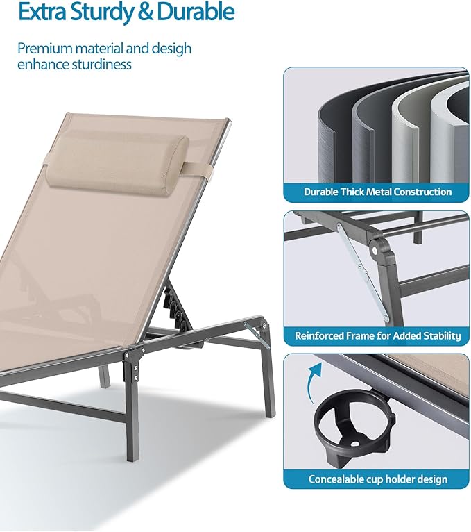 4 Pack Foldable Chaise Lounge Chair with Cup Holder - Photo 6