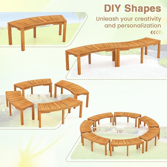RELAX4LIFE Wooden Outdoor Curved Bench - Acacia Wood Garden Bench w/Slatted Seat, 2-Person Outside Backless Seating for Porch Backyard Deck Park, 800 LBS Load Capacity, Patio Fire Pit Bench (2, 45'')