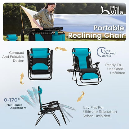 PHI VILLA Zero Gravity Chair Set of 2, Padded Anti Gravity Recliner, Oversized 28" Wide Seat, Foldable Patio Lounger with Armrest & Cup Holder, Supports 400 LBS (Aqua)