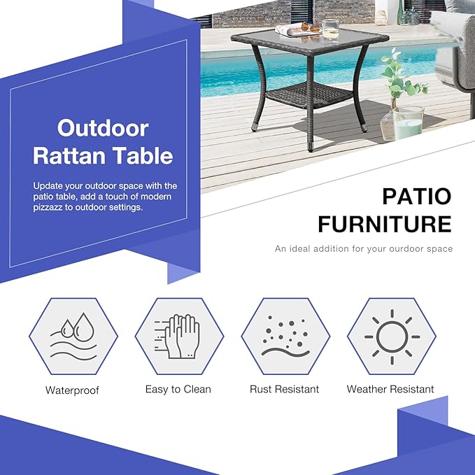 Patiorama Outdoor Wicker Patio Side Table, Weather Resistant Rattan Coffee Table, Square End Table, Aluminum Frame, Grey
