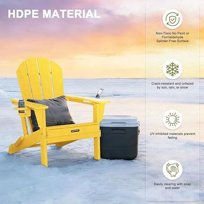 Folding Adirondack Chair with Dual Cup Holders, All-Weather HDPE Patio Chair Deck Chairs Outdoor, Fire Pit Chairs for Garden, Lawn, Poolside, Backyard, Pool - Yellow (Wood-Look)
