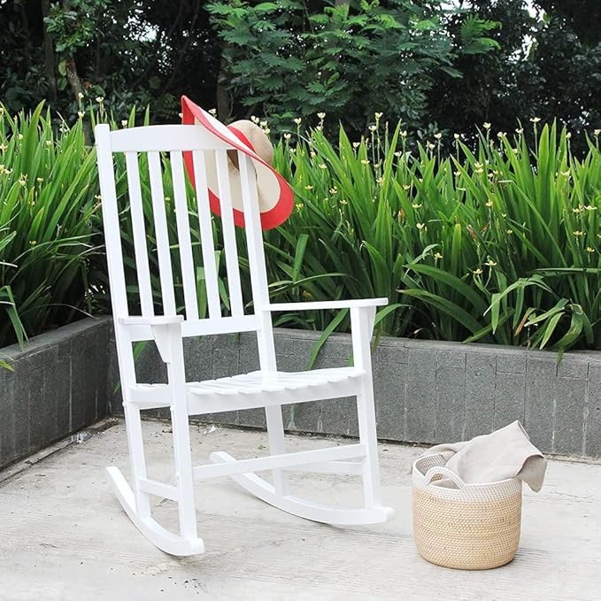 Cambridge Casual Bentley Solid Wood Porch Rocking Chair, White – Outdoor Wooden Rocker for Patio, Front Porch, Comfortable Contoured Seat