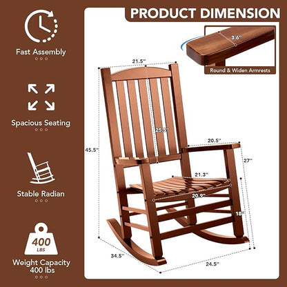 Wooden Outdoor Rocking Chair, Oversized Patio Rocking Chair w/400lbs Support & High Backrest | Porch, Lawn, Garden, Backyard，Natural
