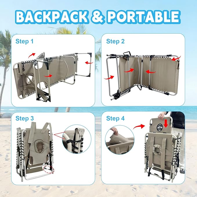 Backpack Sun Tanning Chair with Face Hole & Beach Table, 5-Position Adjustable Folding Lounge Chair Outdoor for Lawn Patio Garden