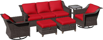 6 Pieces Patio Conversation Furniture Set - 1 Sofa, 2 Swivel Chairs, 2 Ottomans, 1 Side Table, Outdoor Wicker Furniture with Removable Cushions for Porch, Balcony, Sunroom (Red)