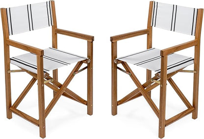 JONATHAN Y DRC1001B-SET2 Cukor Classic Vintage Outdoor Acacia Wood Folding Director Chair with Canvas Seat Mid-Century, Modern, Traditional, Classic, Coastal, White/Black Stripe/Teak Brown (Set of 2)