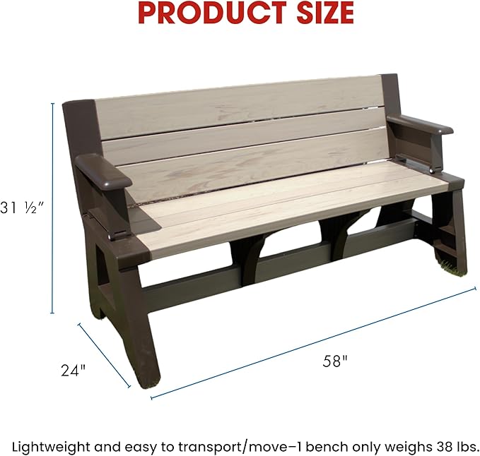 Convert-a-Bench Gen 1 2-in-1 Outdoor Convertible Bench to Picnic Table | Space-Saving, Weather-Resistant Patio Furniture for Yard Deck Garden | Easy Assembly & Durable - 1 bench/Order, Mocha Driftwood