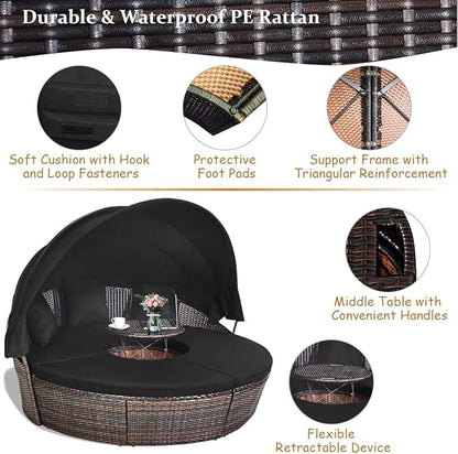 Tangkula Patio Round Daybed with Retractable Canopy, Outdoor Wicker Rattan Furniture Sets, Sectional Cushioned Sofa Set w/Height Adjustable Coffee Table, Rattan Conversation Sets (Black)