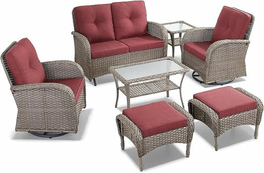 7 Pieces Patio Furniture-Patio Swivel Chairs Set of 2 Outdoor Glider Bench Rocking Chair with Patio Ottomans Patio Conversation Sets for Deck Porch Garden Balcony Poolside-Grey/Red