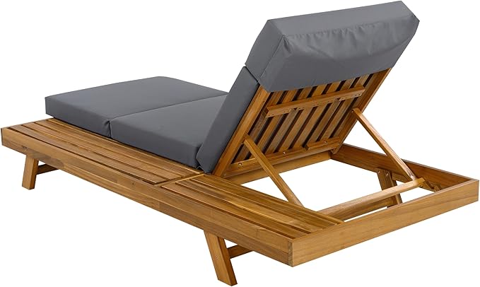 Acacia Wood Chaise Lounge Set with 3-Fold 4" Water-Resistant Cushion & Headrest,4-Position Adjustable Backrest Recliner,Outdoor Lounger Chair for Patio,Garden,Poolside,Balcony,Deck,79" Dark Gray,Teak