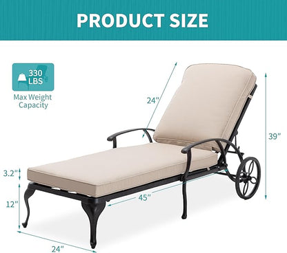 HOMEFUN Chaise Lounge Chair Outdoor - Poolside Chairs Set of 2 with Cushion Cast Aluminum Waterproof Lounger with Wheels and Adjustable Reclining, Pack of 2 (Beige Cushion)