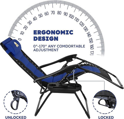 Oversized Padded Zero Gravity Lounge Chair Set of 2, Foldable Patio Anti Gravity Reclining Chairs Folding Lawn Recliner with Cup Holder for Yard, Camping, Outdoor, Support 350 LBS, Blue