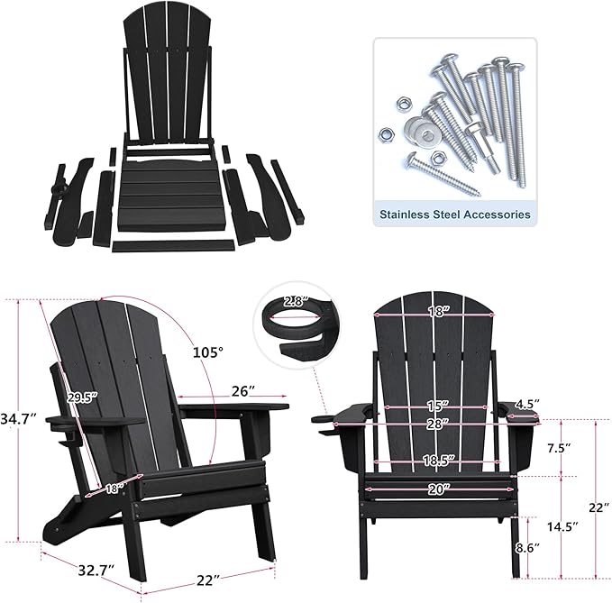 Skypatio Folding Adirondack Chair with Cup Holder, Weather Resistant Portable Patio Fire Pit Chairs, 380 lb Weight Capacity Adirondack Chairs for Porch, Beach, Poolside, Deck, Lawn (Black, Set of 1)