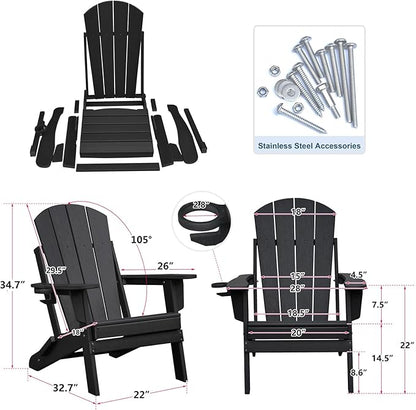 Skypatio Folding Adirondack Chair with Cup Holder, Weather Resistant Portable Patio Fire Pit Chairs, 380 lb Weight Capacity Adirondack Chairs for Porch, Beach, Poolside, Deck, Lawn (Black, Set of 1)