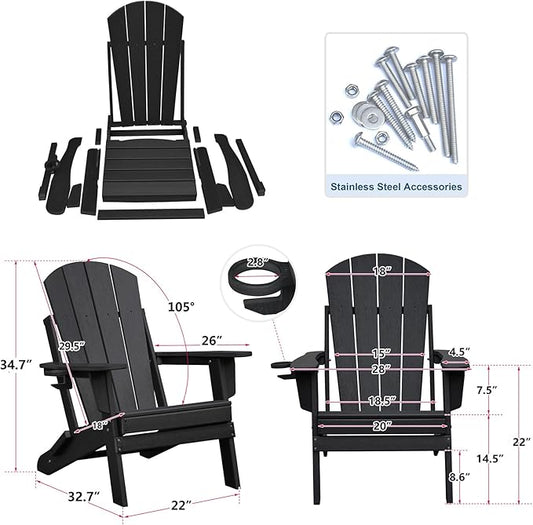 Skypatio Folding Adirondack Chair with Cup Holder, Weather Resistant Portable Patio Fire Pit Chairs, 380 lb Weight Capacity Adirondack Chairs for Porch, Beach, Poolside, Deck, Lawn (Black, Set of 1)